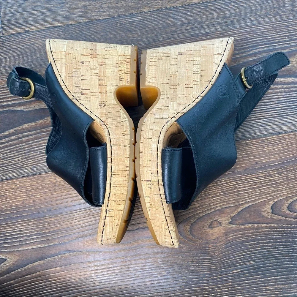 Born Black Leather Cork Wedge Sandals Heels Ankle Strap Casual Womens Shoes Sz 9